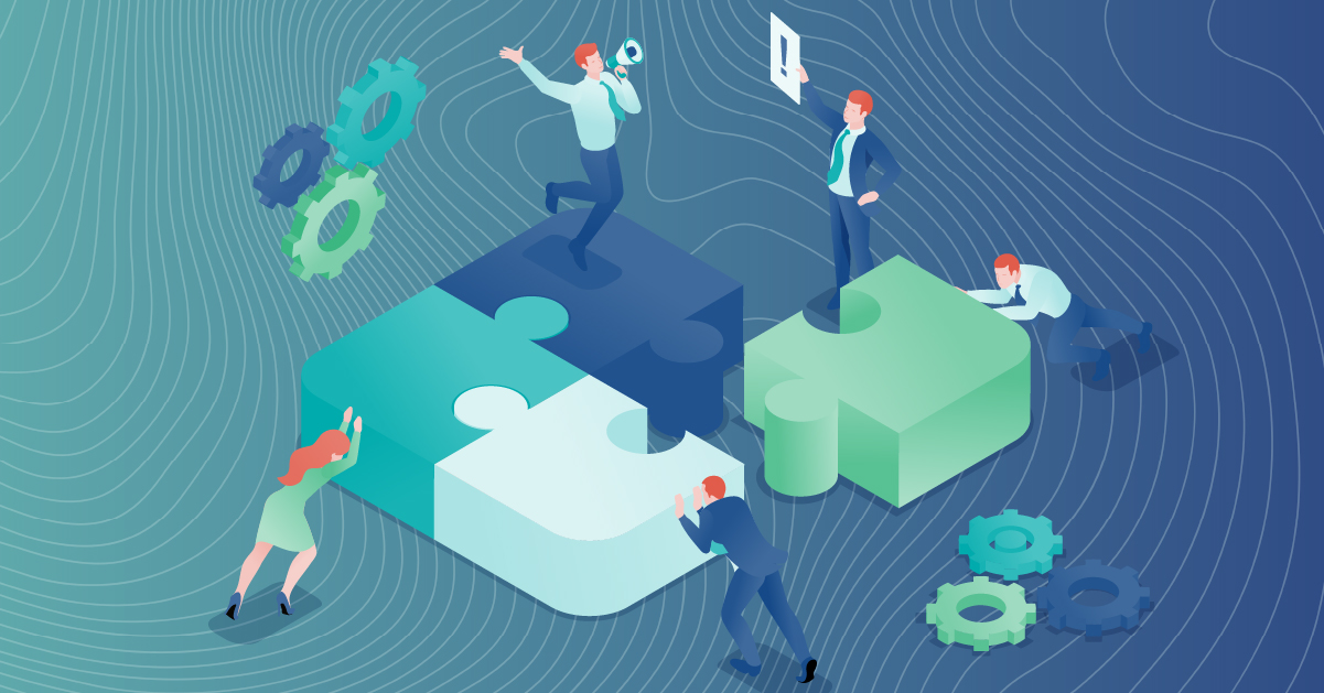 illustrated image of team working together with puzzle pieces